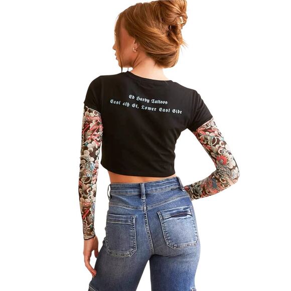 Ed Hardy Layered Tattoo Sleeve Koi Fish Black Graphic T Shirt Y2K Crop Top M - Picture 2 of 10